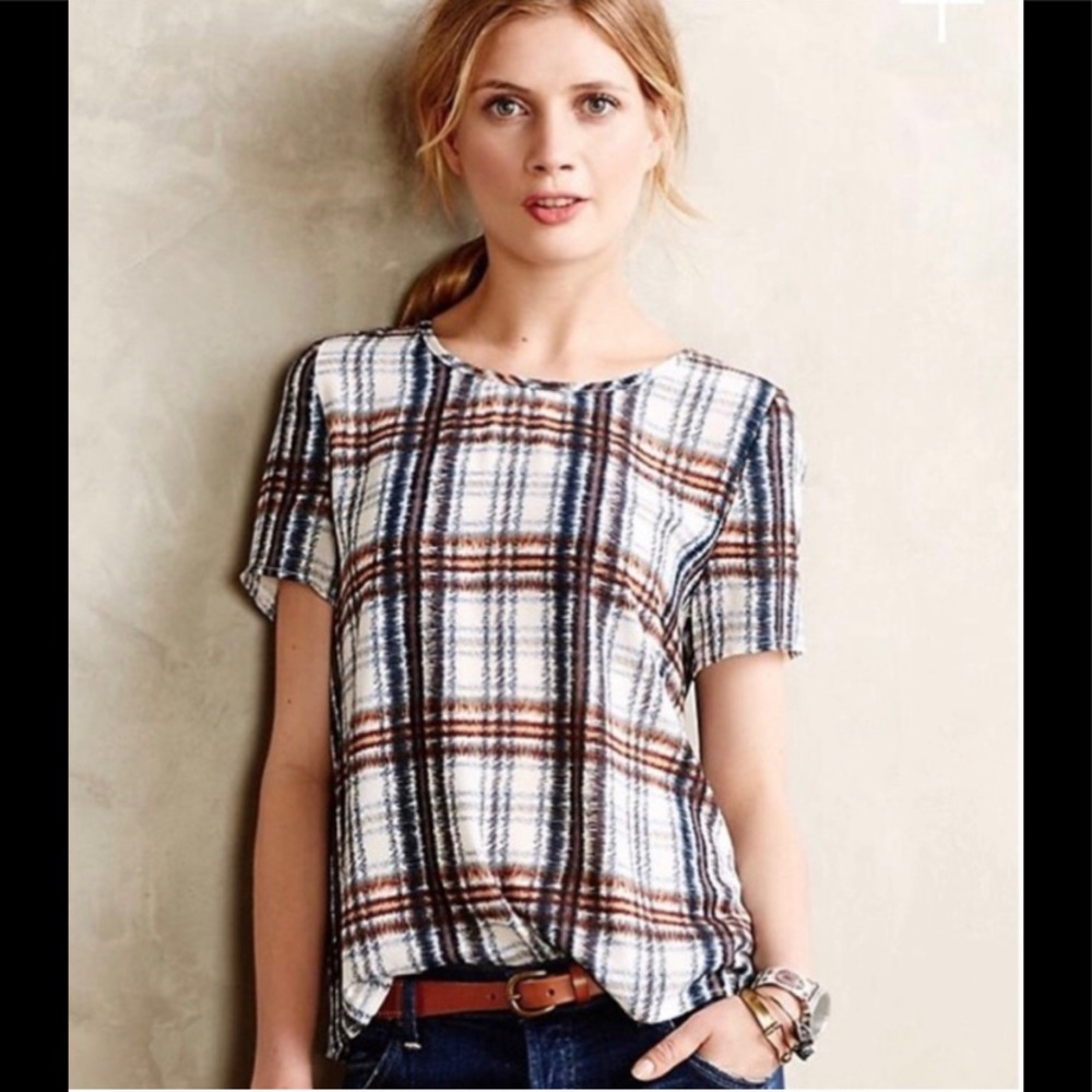Anthropologie Maeve Draped Cross Back Plaid Blouse